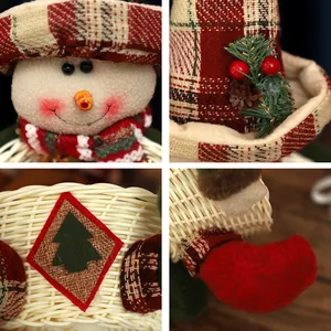 Detailed view of a festive snowman candy basket featuring plush textures and woven wicker.