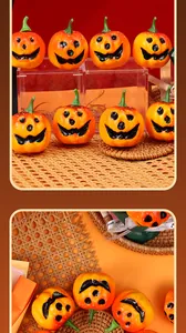 Dettaglio ravvicinato di zucche di Halloween in schiuma arancione per decorazione tavolo