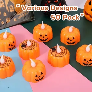 Halloween pumpkin LED tea lights set of 50 with spooky spider web patterns