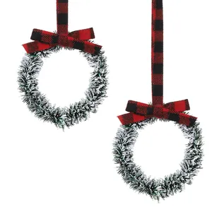 Mini Christmas Wreath With Buffalo Plaid Bow And Ribbon Wood Flocking Small Wreath For Cabinet Tree Home Hanging Decoration