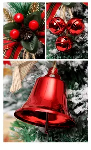 Close-up of vibrant red metallic Christmas bell ornaments on snowy pine tree branches.