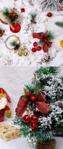 Macro view of Christmas bell ornament with plaid bow and festive pine needle accents