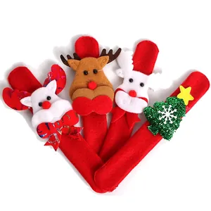 Close-up of colorful Christmas slap bracelets with reindeer and snowman festive designs
