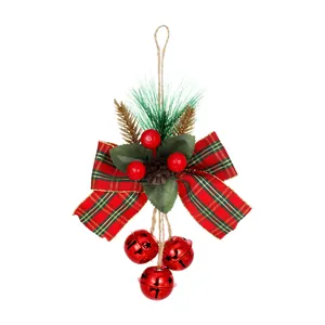 Christmas hanging ornament with red plaid bow, berries, and jingle bells