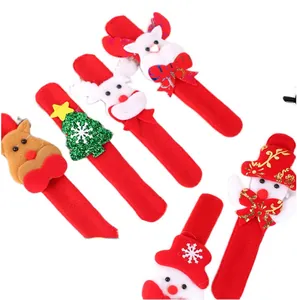 Red Christmas slap bracelets for kids with festive snowman and reindeer plush designs