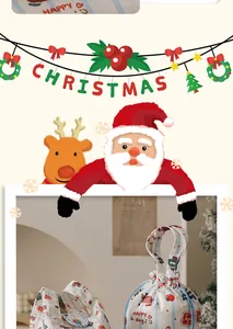 Feestelijke kerstcadeauzakjes van canvas met trekkoord en creatieve kerstmanillustratie
