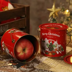 Secchiello natalizio in metallo rosso per mele con design Merry Christmas