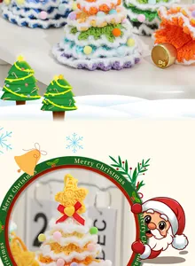 Detailansicht bunter Häkel-Weihnachtsbaum-Anhänger mit weichem Garn und goldglocken.