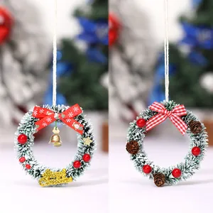 Mini Corona de Navidad Artificial Colgante Guirnalda de Plástico Nevado Con Lazo Rojo Campana Dorada Decoración Hogar