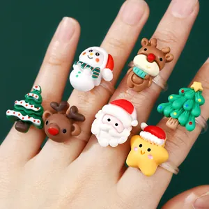 Kerst Tekenfilm Hars Vingerring Voor Kinderen Kerstman Sneeuwpop Rendier Boom Patroon Schattige Verstelbare Open Ringen Kerstfeest Gunsten Cadeaus Meisjes Sieraden