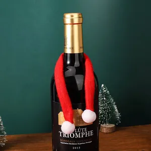Festive red Christmas mini scarf decoration for wine bottles with soft white pom-poms