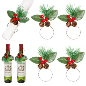 Anillos para Servilletas de Navidad Hechos a Mano Agujas de Pino Artificiales Bayas Rojas Piñas Naturales Decoración de Mesa para Fiesta
