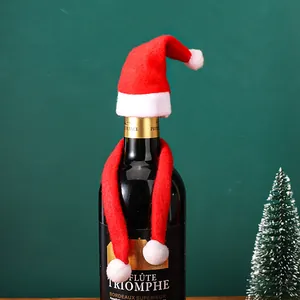 Festive mini Christmas hat and scarf decoration set for red wine bottles holiday party decor