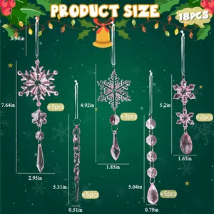 Detailed size specifications for 18pcs pink crystal Christmas snowflake ornaments.
