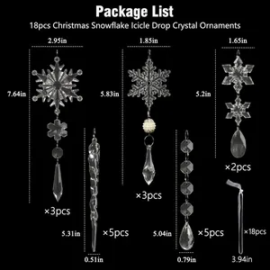 Detalle del juego de 18 adornos navideños de cristal con copos de nieve y carámbanos info