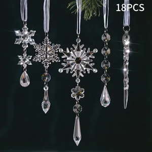 Macro view of 18 clear acrylic Christmas ornaments including snowflakes and icicles