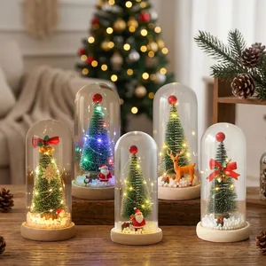 Mini Árbol de Navidad Cúpula de Vidrio Adorno de Mesa Iluminación LED Papá Noel Reno Figurita Decoración Navideña Regalo de Navidad