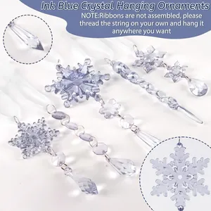 Detailed macro view of ink blue crystal snowflake and icicle Christmas ornaments set