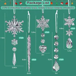 21-piece set of clear acrylic Christmas snowflake and icicle hanging ornaments with sizes