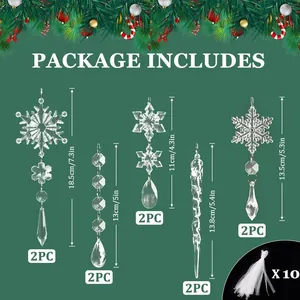 Acryl-Weihnachtseiszapfen und Schneeflocken-Ornament-Set mit Größenangaben dabei