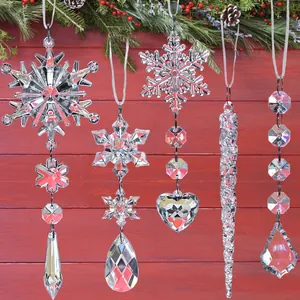 Detailed view of clear acrylic snowflake and icicle Christmas tree ornaments set of 21 pieces