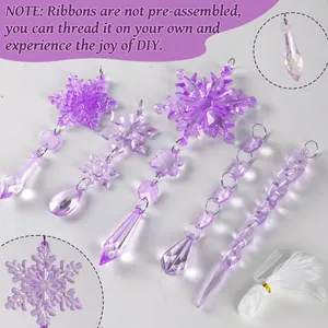 Set of 18 purple transparent snowflake and icicle Christmas ornaments for DIY hanging.