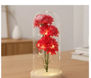 Detailansicht roter Seifennelken in einer Glaskuppel mit warmen LED-Lichterketten.
