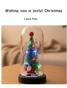 Vista detallada de un mini árbol de Navidad luminoso con Papá Noel en cristal