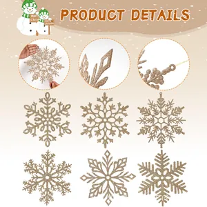 Detail shot showing 6 pieces of 30cm champagne gold glitter snowflake Christmas decorations