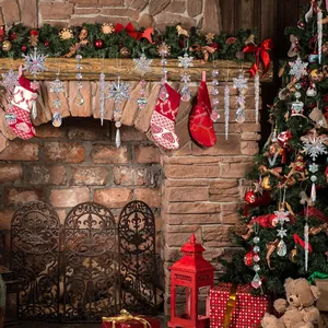 21pcs acrylic snowflake and icicle ornaments hanging in a cozy Christmas fireplace scene