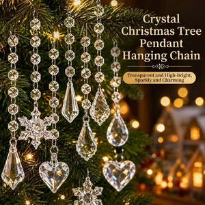 Close-up view of sparkling transparent crystal bead pendants on a Christmas tree