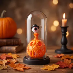 Spooky Halloween pumpkin lamp with eyeball in a glass dome tabletop decor for party
