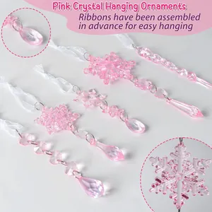 Set of 10 pink acrylic snowflake and icicle Christmas tree hanging ornaments with ribbons
