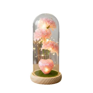 Künstliche rosa Nelken unter einer Glaskuppel mit LED-Licht und Holzsockel