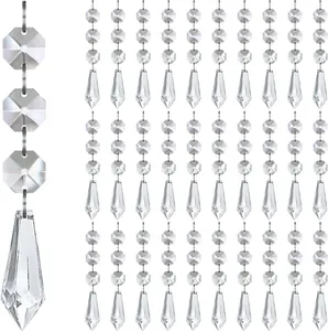 Close-up of clear faceted crystal icicle and octagonal bead strands for holiday decor