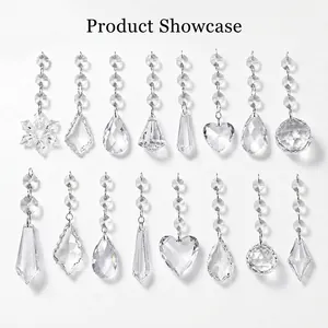 Collection of clear crystal icicle and snowflake pendants for Christmas tree decoration.
