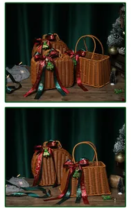 Creative woven Christmas gift baskets decorated with festive red ribbons and gold bells