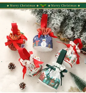 Vista dettagliata di vari sacchetti regalo di Natale con coulisse in una scena innevata