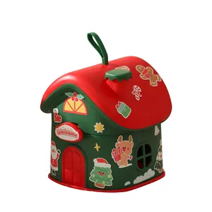 Elegante scatola regalo natalizia a forma di casa con motivi di Babbo Natale e renne