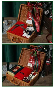 Detailed view of an open woven gift basket filled with a festive red scarf and accessories.