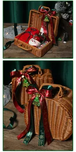 Detailed view of woven wicker gift box decorated with red and green Christmas ribbons
