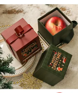 Detailansicht festlicher Weihnachtsgeschenkboxen mit Merry Christmas Aufdruck und Apfel