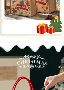 Vista dettagliata del sacchetto regalo di Natale in iuta con Babbo Natale e pupazzo di neve.