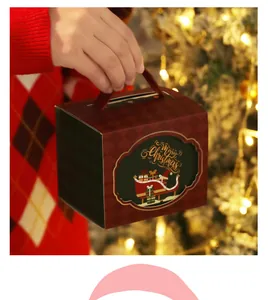 Festliche rot-grüne Weihnachts-Geschenkbox für Äpfel mit praktischem Tragegriff in der Hand.