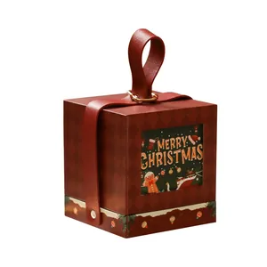 Elegante rote Weihnachts-Geschenkbox mit Ledergriff und transparentem Sichtfenster