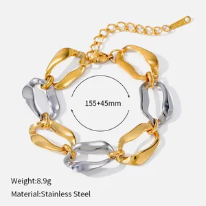 Bracelet à grosses mailles bicolore en acier inoxydable or et argent, taille 155+45mm