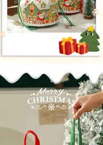 Detail eines Weihnachts-Kordelzugbeutels mit Weihnachtsmann-Muster und Deko.