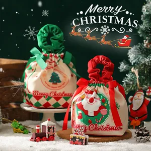 Festliche Samt-Weihnachtsbeutel mit Kordelzug, Weihnachtsmann- und Baummotiven