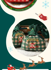 Vue détaillée d'un sac cadeau de Noël à carreaux verts avec motif Père Noël.