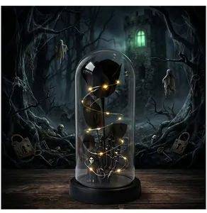 Rosa eterna negra gótica en cúpula de vidrio con luces LED para decorar Halloween